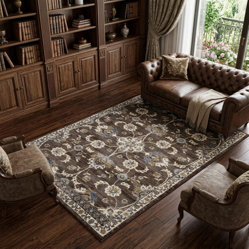 9' X 12' Ivory Blue And Brown Floral Area Rug