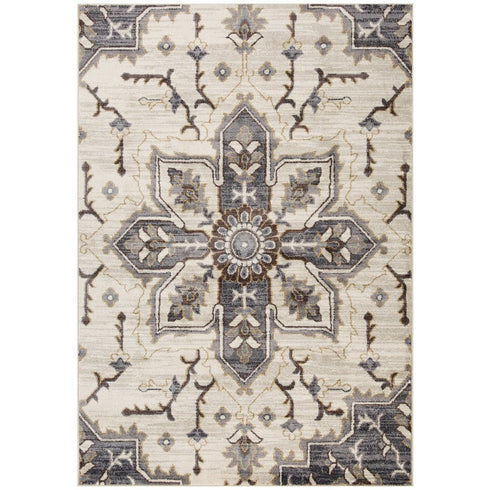 9' X 12' Ivory Gray And Brown Floral Medallion Area Rug