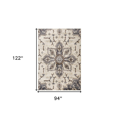 9' X 12' Ivory Gray And Brown Floral Medallion Area Rug