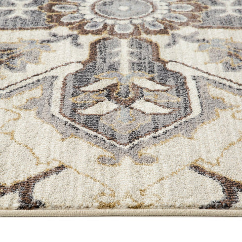 9' X 12' Ivory Gray And Brown Floral Medallion Area Rug