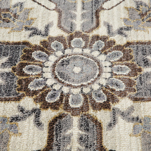 9' X 12' Ivory Gray And Brown Floral Medallion Area Rug