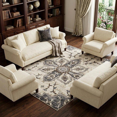 9' X 12' Ivory Gray And Brown Floral Medallion Area Rug