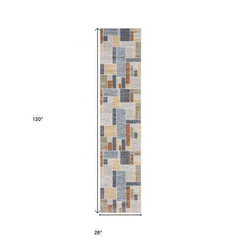 10' Blue And Green Geometric Washable Runner Rug