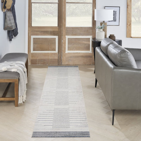 8' Blue And Ivory Geometric Washable Runner Rug