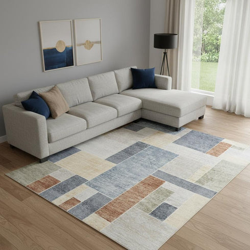 8' X 10' Blue Brown And Tan Geometric Washable Area Rug