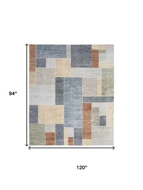 8' X 10' Blue Brown And Tan Geometric Washable Area Rug
