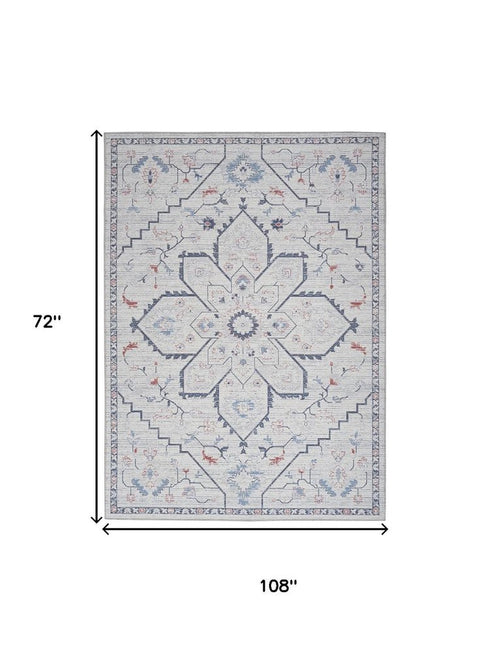 8' X 10' Ivory and Blue Oriental Power Loom Washable Area Rug