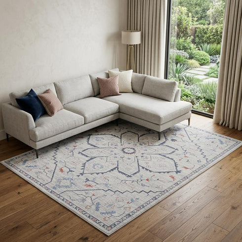 8' X 10' Ivory and Blue Oriental Power Loom Washable Area Rug