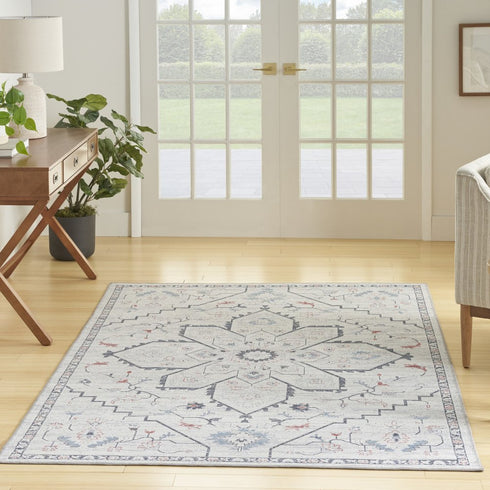 8' X 10' Ivory and Blue Oriental Power Loom Washable Area Rug