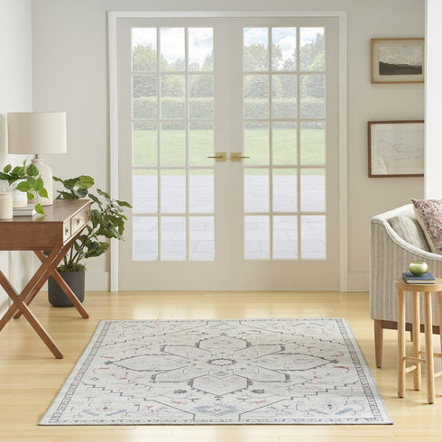 8' X 10' Ivory and Blue Oriental Power Loom Washable Area Rug
