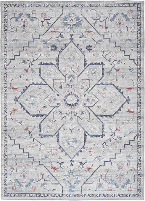 8' X 10' Ivory and Blue Oriental Power Loom Washable Area Rug