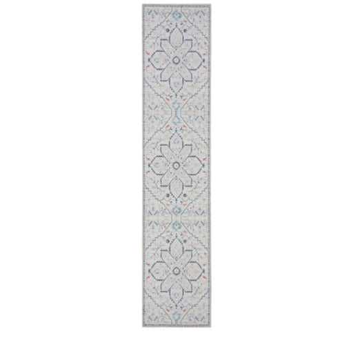 8' Ivory and Blue Oriental Power Loom Washable Runner Rug