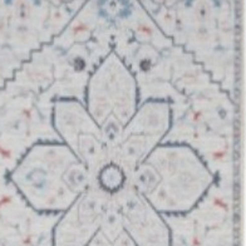 8' Ivory and Blue Oriental Power Loom Washable Runner Rug