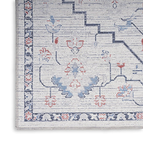 8' Ivory and Blue Oriental Power Loom Washable Runner Rug