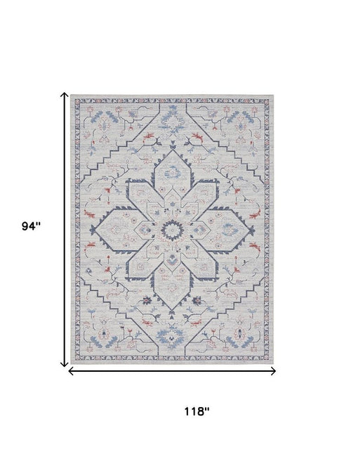 8' X 10' Ivory and Blue Oriental Power Loom Washable Area Rug