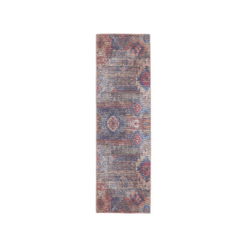 10' Blue and Red Geometric Power Loom Distressed Washable Runner Rug