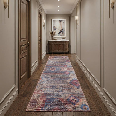 10' Blue and Red Geometric Power Loom Distressed Washable Runner Rug