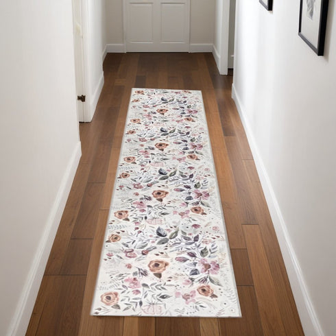 8' Ivory Floral Washable Runner Rug