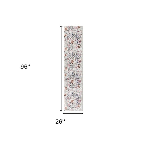 8' Ivory Floral Washable Runner Rug