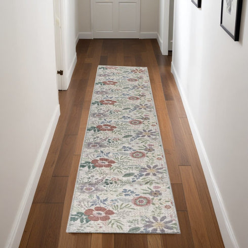 9' X 12' Cream Pink And Green Floral Washable Area Rug