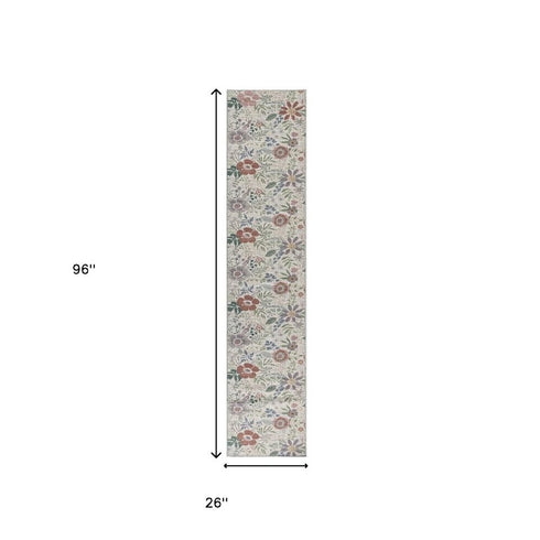 9' X 12' Cream Pink And Green Floral Washable Area Rug