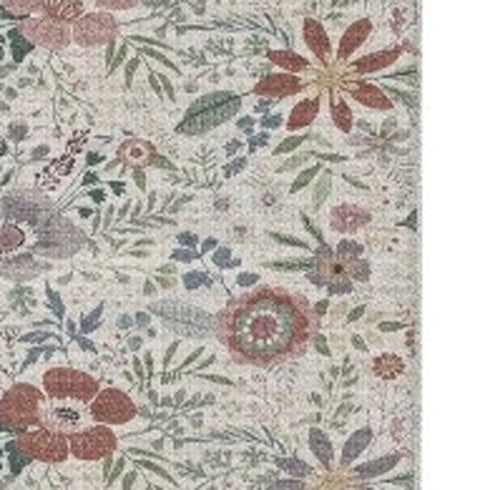 9' X 12' Cream Pink And Green Floral Washable Area Rug