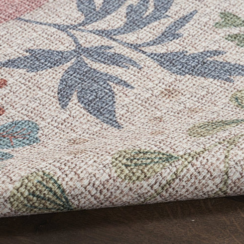 9' X 12' Cream Pink And Green Floral Washable Area Rug