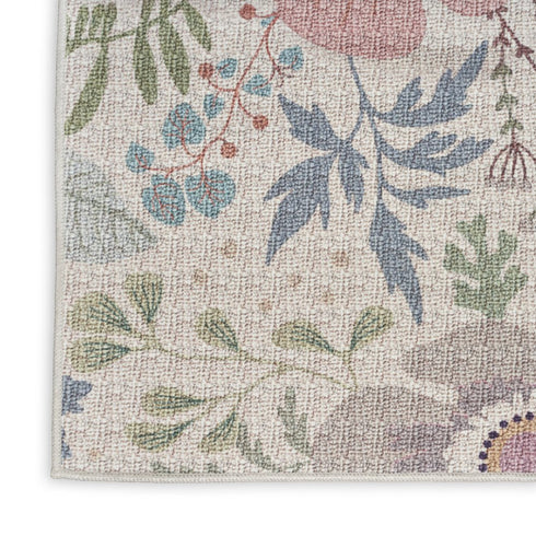 9' X 12' Cream Pink And Green Floral Washable Area Rug