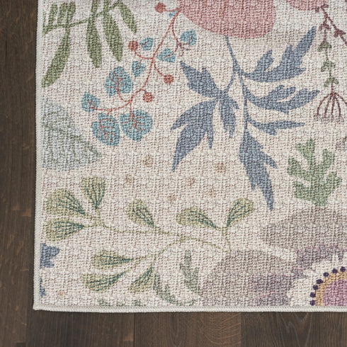 9' X 12' Cream Pink And Green Floral Washable Area Rug