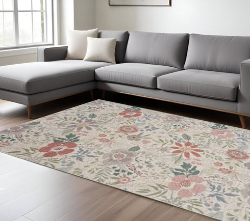 9' X 12' Cream Pink And Green Floral Washable Area Rug