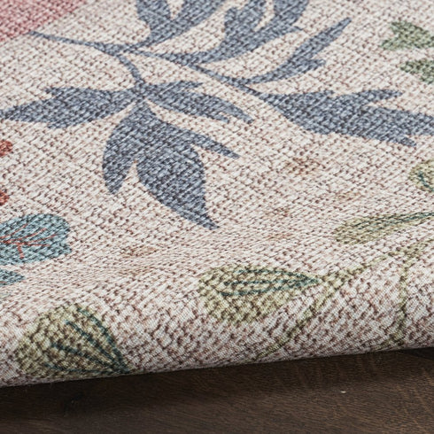 9' X 12' Cream Pink And Green Floral Washable Area Rug