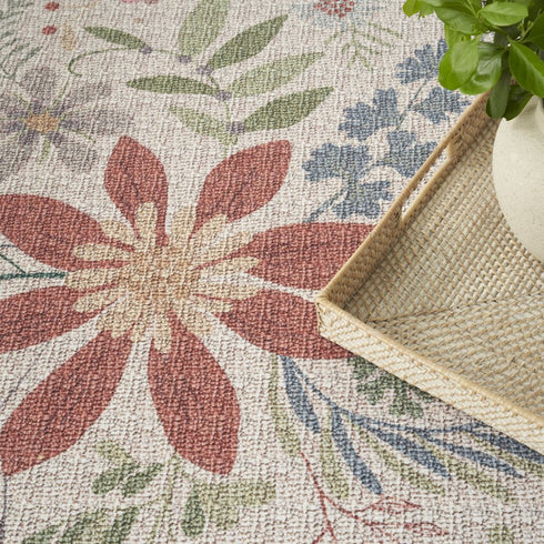 9' X 12' Cream Pink And Green Floral Washable Area Rug