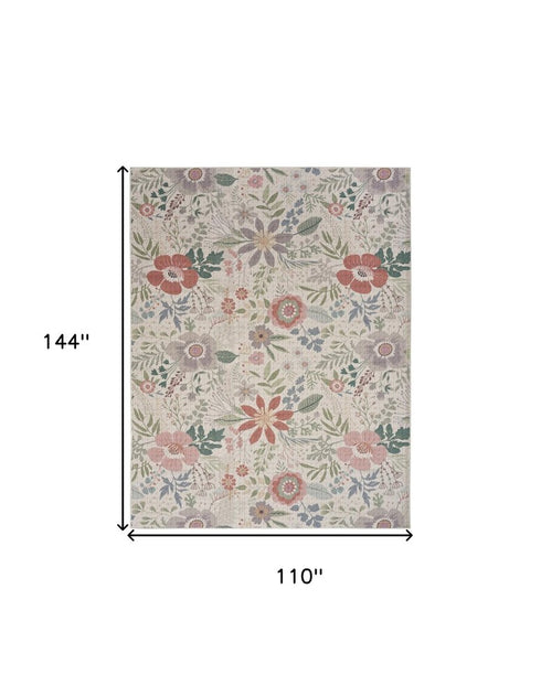 9' X 12' Cream Pink And Green Floral Washable Area Rug
