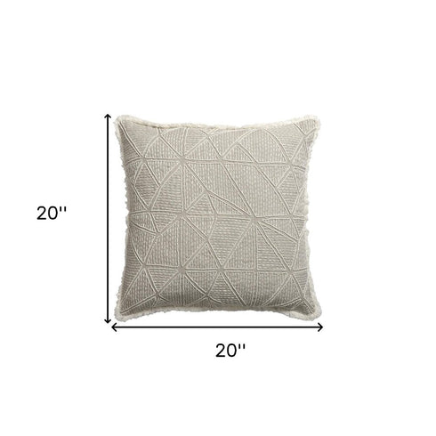 20" Beige and Ivory Throw Pillow with Embroidery and Fringe
