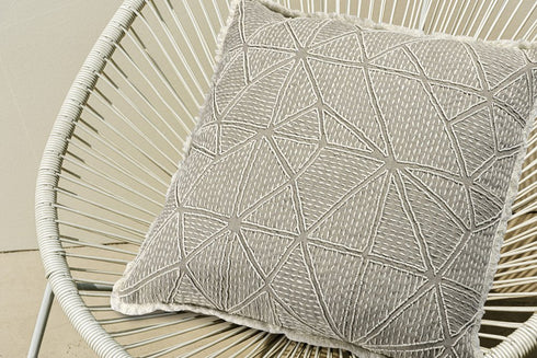 20" Beige and Ivory Throw Pillow with Embroidery and Fringe