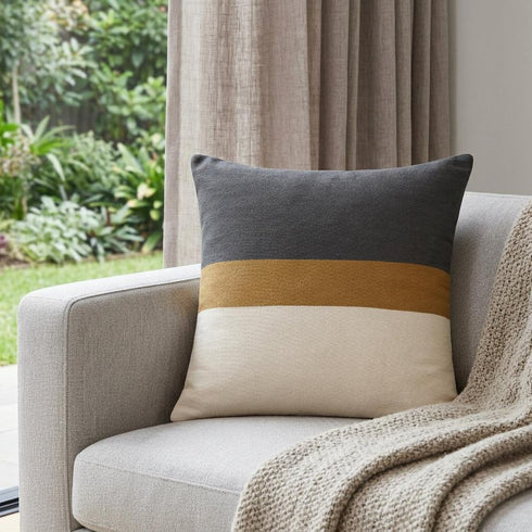 24" Dark Gray Brown And Off White Cotton Striped Throw Pillow