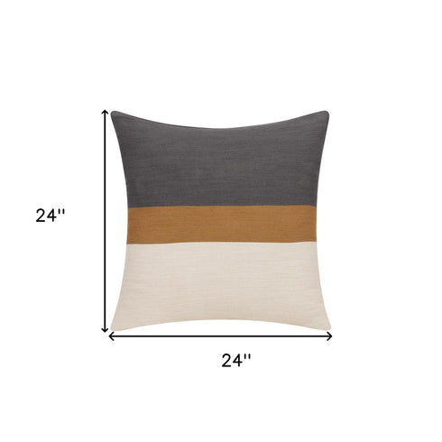 24" Dark Gray Brown And Off White Cotton Striped Throw Pillow
