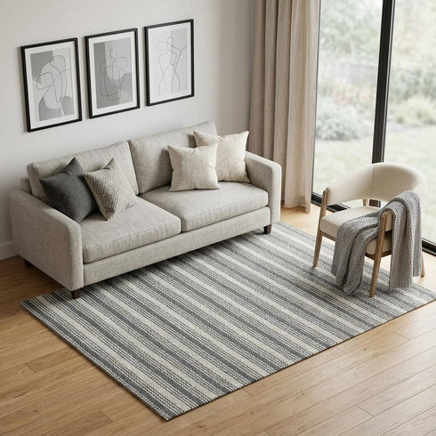 9' X 12' Gray Wool Striped Hand Woven Area Rug
