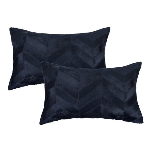 Set of Two 12" X 20" Black Lumbar Chevron Cowhide Throw Pillows