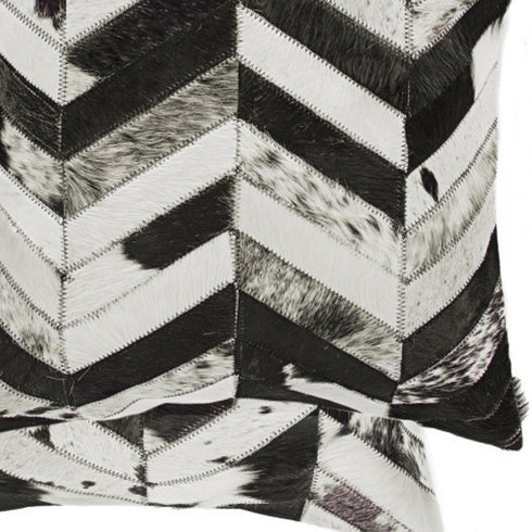 Set of Two 18" Black and Natural Chevron Cowhide Throw Pillows