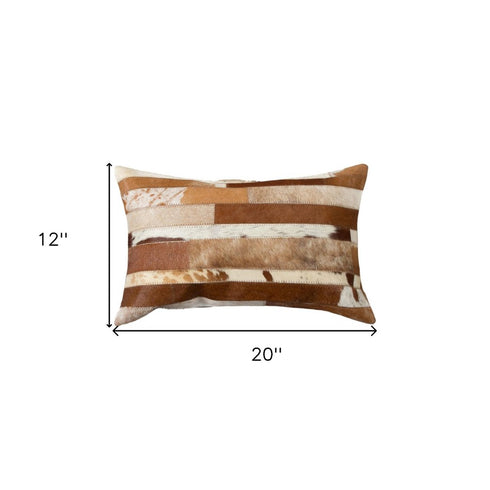 Set of Two 12" X 20" Brown and White Patchwork Cowhide Lumbar Throw Pillows