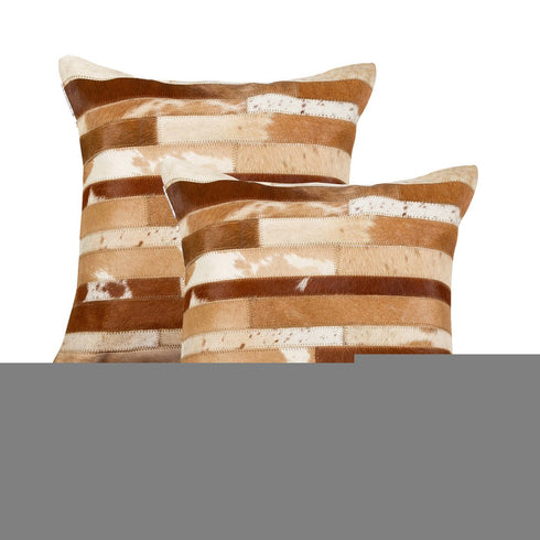 Set of Two 18" Brown And White Cowhide Throw Pillows