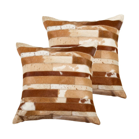Set of Two 18" Brown And White Cowhide Throw Pillows