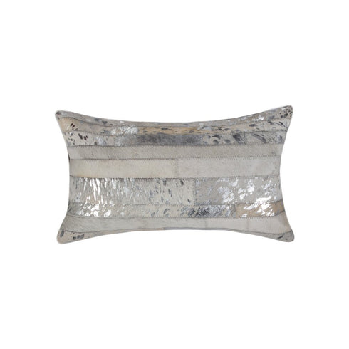 Set of Two 12" X 20" Gray and Silver Striped Cowhide Lumbar Throw Pillows with Glitter
