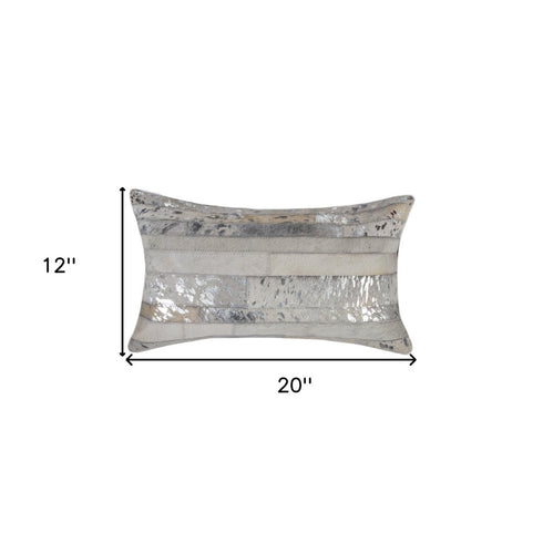 Set of Two 12" X 20" Gray and Silver Striped Cowhide Lumbar Throw Pillows with Glitter