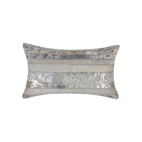 Set of Two 12" X 20" Gray and Silver Striped Cowhide Lumbar Throw Pillows with Glitter