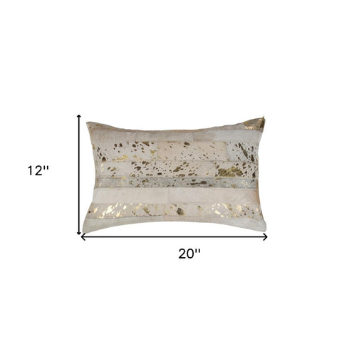 Set of Two 12" X 20" Natural and Gold Patchwork Cowhide Lumbar Throw Pillows with Glitter