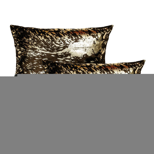 Set of Two 12" X 20" Chocolate and Gold Abstract Cowhide Lumbar Throw Pillows with Glitter
