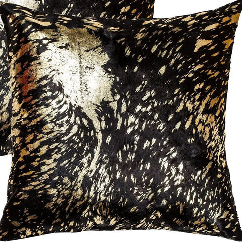 Set of Two 18" Brown And Gold Cowhide Throw Pillows