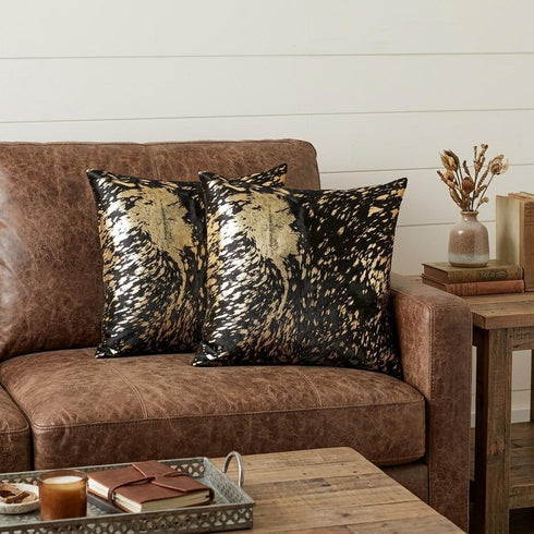 Set of Two 18" Brown And Gold Cowhide Throw Pillows